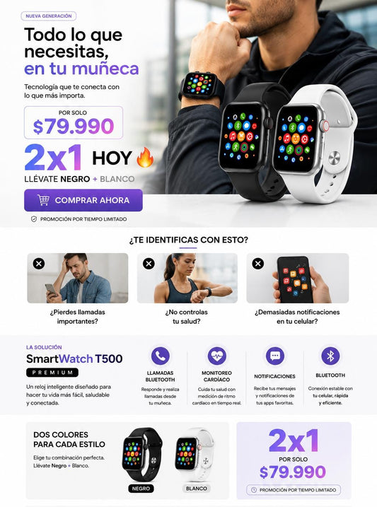 Reloj SmartWach T500 ( 2 x 1 negro + blanco )