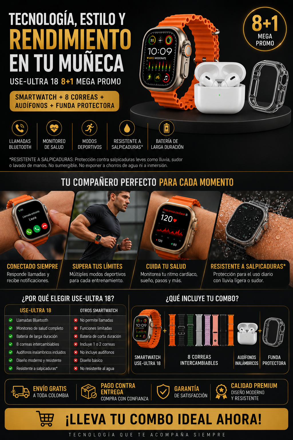 Combo SmartWatch USE 18 ultra  y 7 Correas + Audifonos