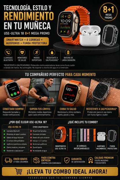 Combo SmartWatch USE 18 ultra  y 7 Correas + Audifonos