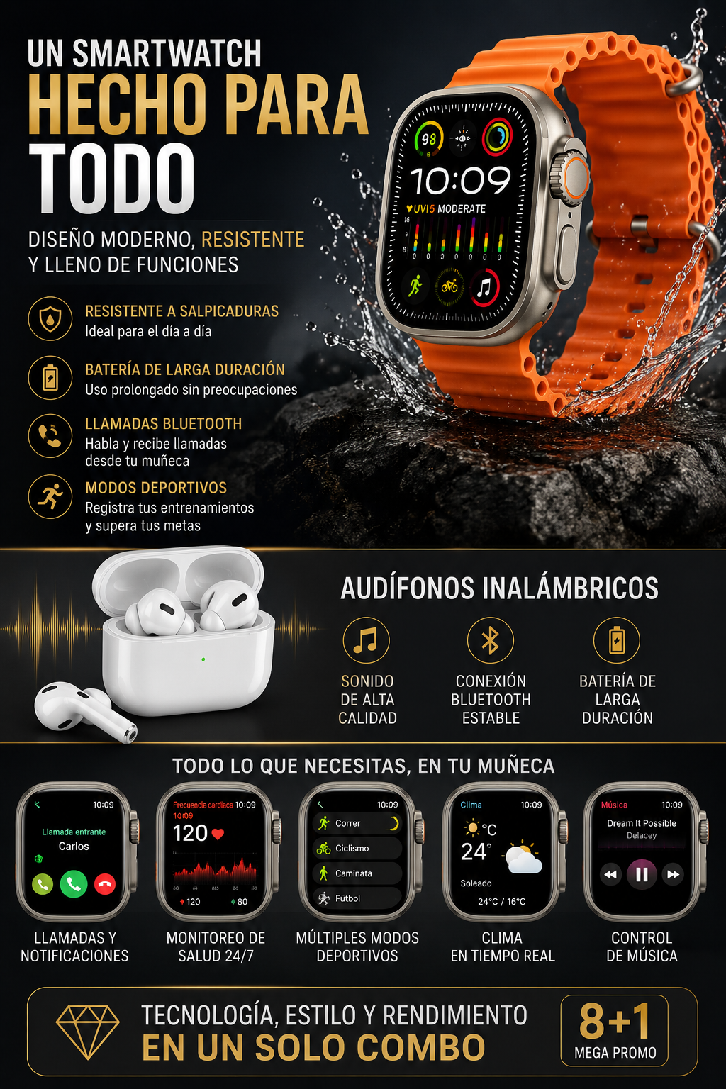 Combo SmartWatch USE 18 ultra  y 7 Correas + Audifonos