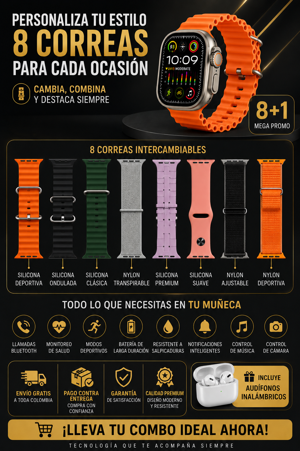 Combo SmartWatch USE 18 ultra  y 7 Correas + Audifonos