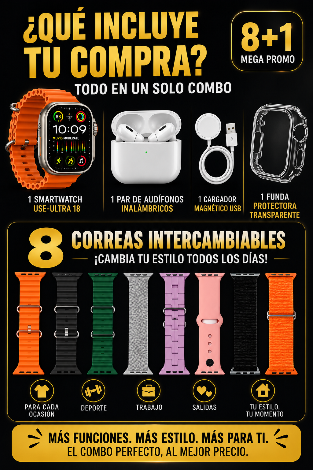 Combo SmartWatch USE 18 ultra  y 7 Correas + Audifonos