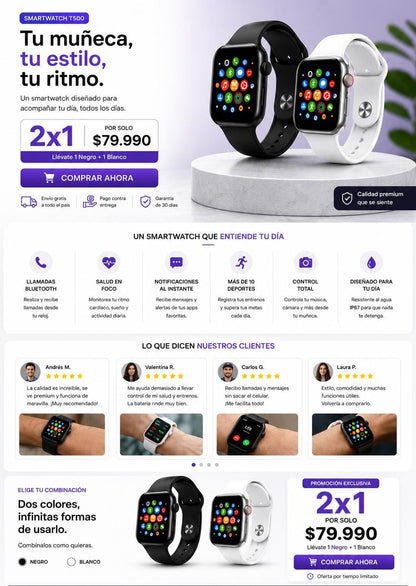 Reloj SmartWach T500 ( 2 x 1 negro + blanco )